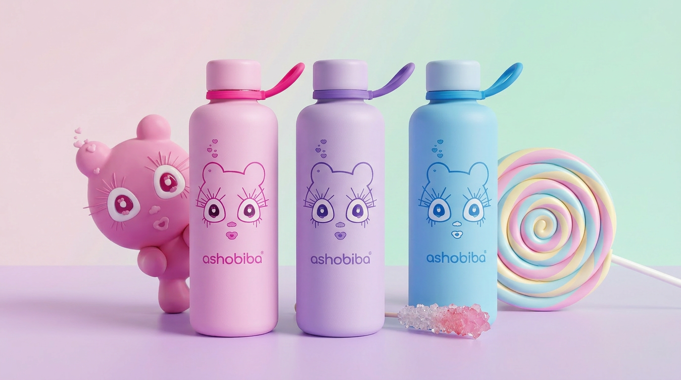 Ashobiba kawaii insulated water bottles in pink, blue and purple with cute doll